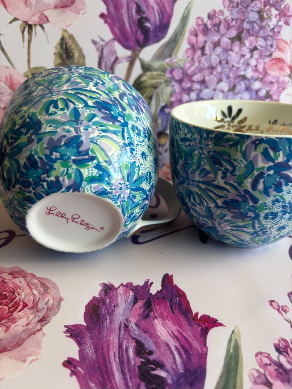 2 Lilly Pulitzer Blue Green Floral Ceramic Coffee Mug - Picture 4 of 6